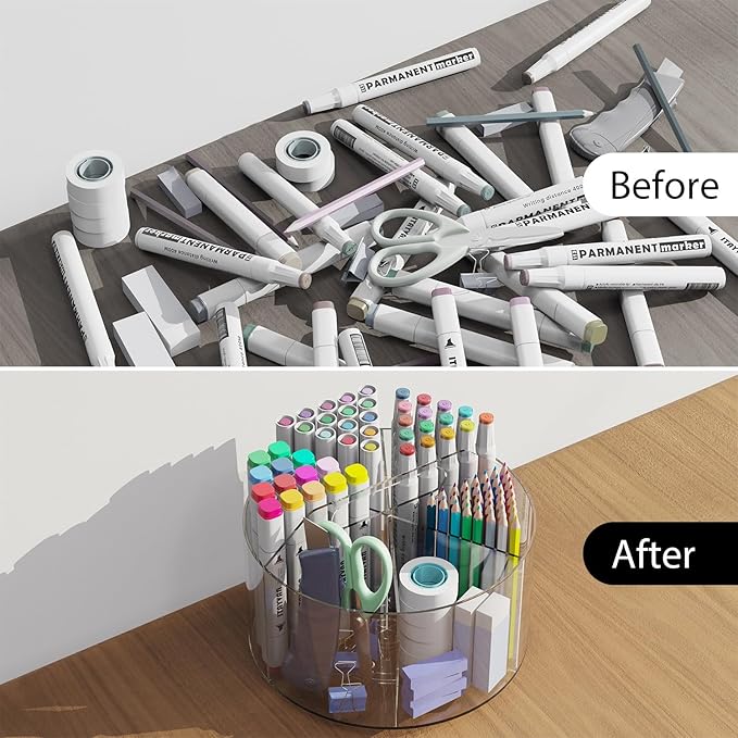 Desk Pen Holder, 360 Degree Acrylic Rotating Pencil Organizer for Kid Crayon Marker, Office Supply Accessory Organizer Rotating Organization for Desktop, Kitchen, Makeup, Vanity