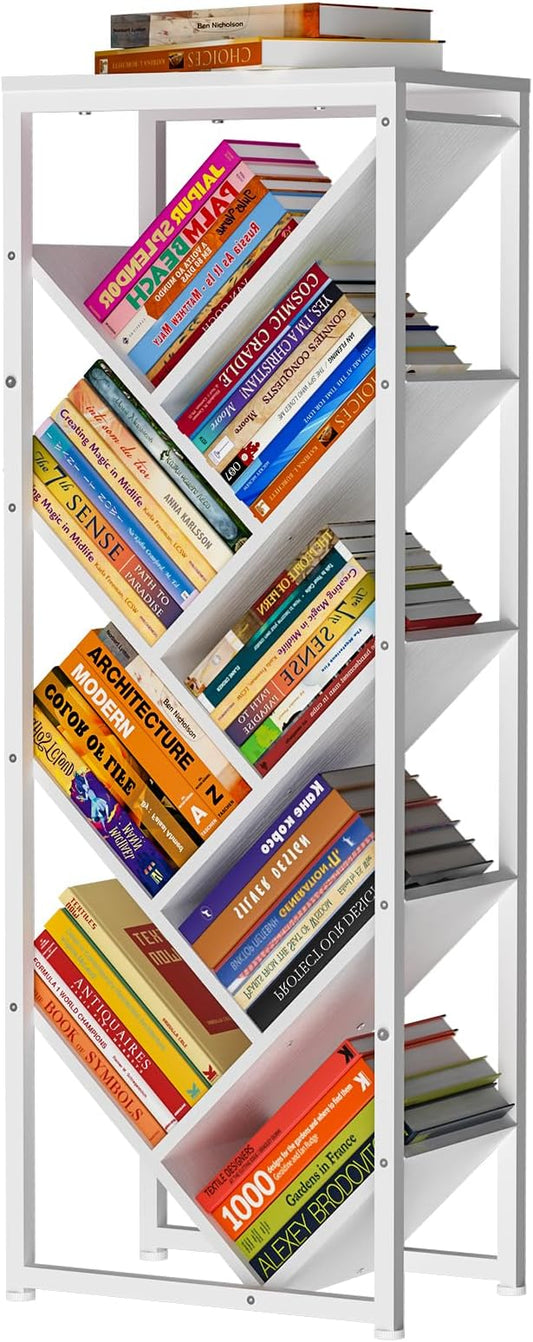 9 Tier Tree Bookshelf - White Book Shelf Floor Standing Modern Bookcase for Hardcover Books, Small Bookshelf for Small Spaces Bookshelves Wooden Book Storage Organizer Shelves for Bedroom Living Room
