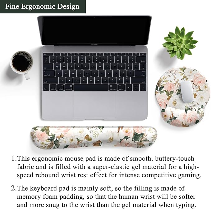 Pink Flower Desktop Mat Aesthetic Wrist Support Keyboard Mouse Wrist Rest Set, Computer Office Comfortable Wrist Rest for Mouse Easy Typing & Pain Relief, Ergonomic Computer Mouse Pad with Pu Base.