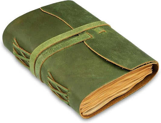 LEATHER VILLAGE Leather Bound Journal - Green, 7"X5", 220 Pages - Vintage Blank Paper Diary for Writing, Drawing, Sketchbook, and Travel Notebook - Ideal for Women and Men
