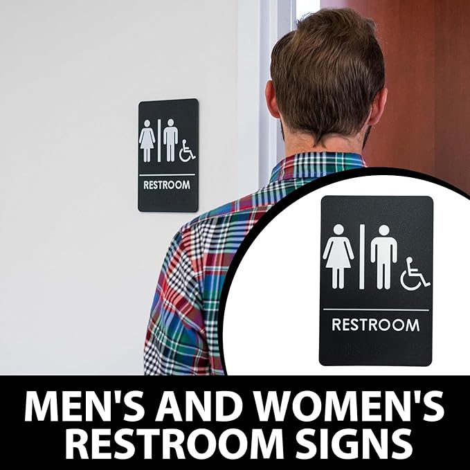 USA Made - Men's and Women's Restroom Signs ADA-Compliant Bathroom Door Signs for Offices, Businesses, and Restaurants, Black, Blue, Grey and Taupe/Tan Colors (Black Handi-Unisex)