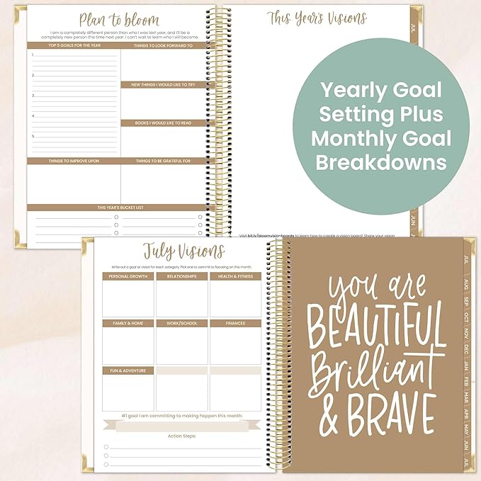 bloom daily planners 2025-2026 Hardcover Academic Year Goal & Vision Planner (July 2025 - July 2026) - Monthly & Weekly Calendar Agenda Organizer - 7.5" x 9" - Spread Kindness Like Wildflowers