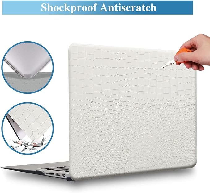 KEROM Compatible with MacBook Air 13 inch Case 2025-2022 M4 M3 M2 A3240 A3113 A2681, Textured Elegant Luxury Crocodile Skin Aligator Skin Snakeskin PU Leather Hard Shell Case & Keyboard Cover, White