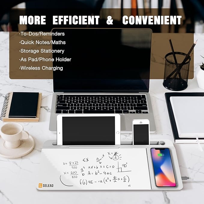 SELEAD Desktop Glass Whiteboard with Wireless Charger Station & Built-in Mirror, Dry Erase Board Computer Pad Keyboard Stand with Organizer for Home, School, Office Desk Accessories, White