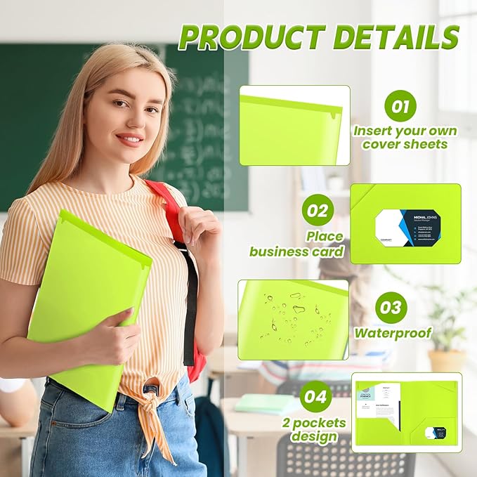Henoyso 100 Pcs Plastic Folders with Clear Front Pockets Bulk Heavy Duty File Folders with 2 Pockets and Card Slot for Student Teacher Back to School Supplies Office Presentation (Fluorescent Green)