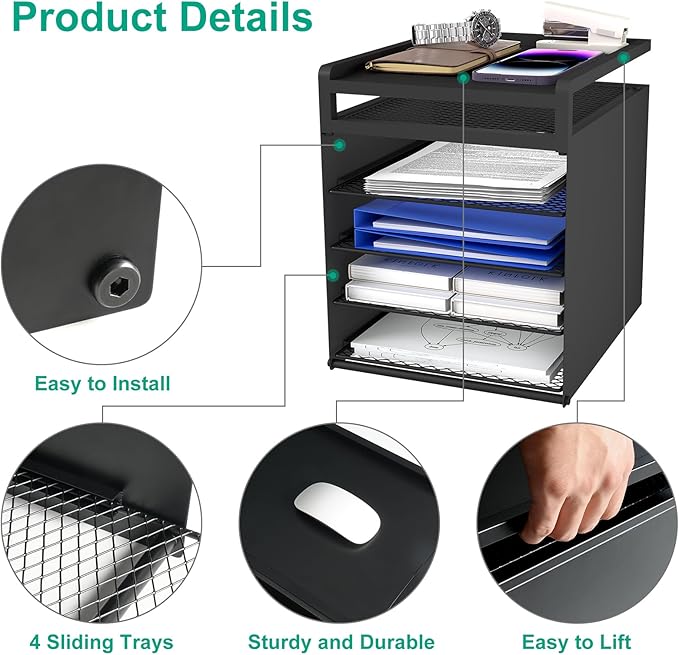 Aothia Desk Organizer with 4 Sliding Trays – Metal File Organizer for Desktop, Hanging Under Desk Organizer and Paper Tray Shelf, Space-Saving Office Document Sorter, Black