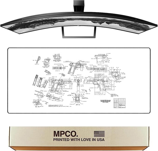 MPCO. Blueprints Large Gaming Desk Pad - 36" x 17" Duraglyde Fabric Browning 1911 – White Desk Mats - Non-Slip, Washable, Smooth Glide for Precision Gaming & Work