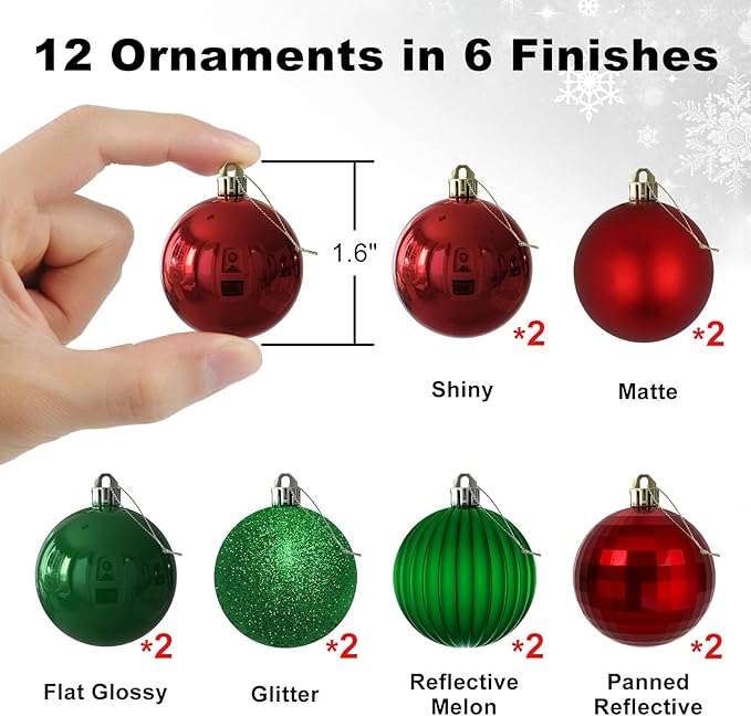 Red & Green 1.6" Small Christmas Balls Christmas Tree Decoration Ornaments Shatterproof Hanging Balls for Birthday Halloween Holiday Wedding Decorations Set of 12pcs