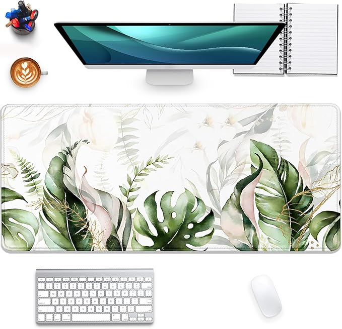 Green Tropical Leaves Mouse Pad Desk Pad,Green Sage Plant Extended Gaming Mouse Mat with Stitched Edges Non-Slip Waterproof Rubber Base Mous Mat for Office Home Game Desk Pad(27.5X11.8 in)