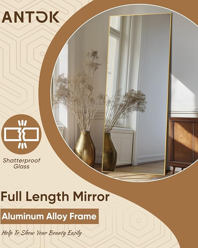 Antok Full Length Mirror, 71"x26" Floor Mirror, Floor Standing Freestanding Full Body Mirror with Stand for Bedroom, Hanging Mounted for Living Room Cloakroom, Gold