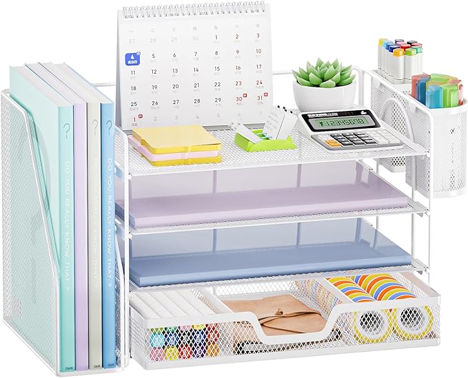 Marbrasse Desk Organizer and Accessories，4-Tier Paper Letter Tray Organizer with File Holder, Desk Accessories & Workspace Desk Organizers with Drawer and 2 Pen Holder (White, 15.4" x 9.1" x 8.3")