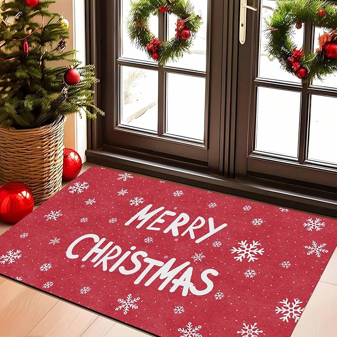 Christmas Door Mat for Indoor Outdoor Merry Christmas Snowflakes Welcome Mat Home Decor Non-Slip Rug Perfect for Front Door and Entryway Easy Clean, 16" x 24" Inch