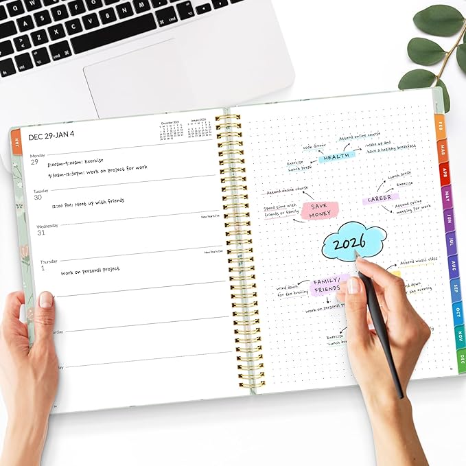 SUNEE 2026 Weekly and Monthly Planner - January 2026-December 2026, 8.5"x11" Half Weekly Half Note, Daily Agenda Planner with PVC Waterproof Cover, Monthly Tab, Note, Pockets, Bookmark, Wildflowers