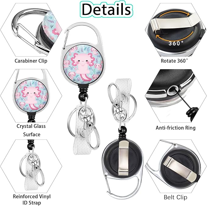 Gctriki Axolotl Badge Reel Retractable Heavy Duty with 360° Swivel Carabiner Clip, Work ID Badge Holder Retractable Clip, Students Nurse Teacher ID Card Holder Cute Women Badge Keychain Accessories