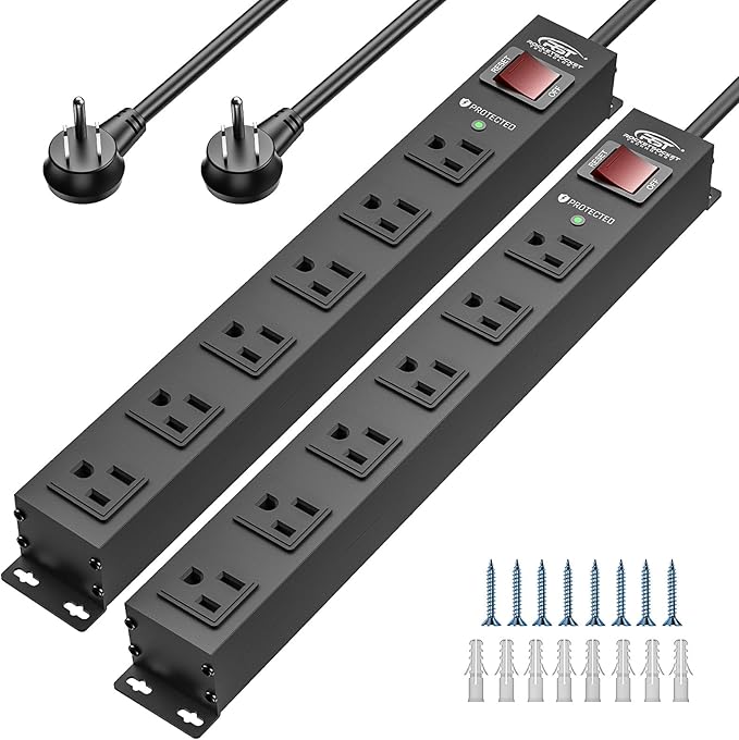 CRST 2Pack 6 Outlet Heavy Duty Power Strip with Switch, 15A/1875W Metal Mountable Power Strip Surge Protector 2100Joules, Wide Spaced Power Bar for Garage Worshop Home School, 6 FT Cord(Black)