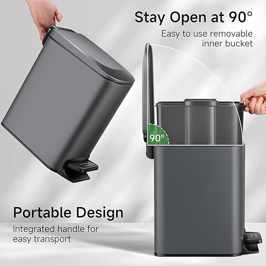 TIPGO Slim Bathroom Trash Can with Lid Soft Close, 6 Liter / 1.6 Gallon Stainless Steel Garbage Can with Removable Inner Bucket, Step Pedal, Small Trash Cans for Bedroom, Office, Kitchen (Grey)