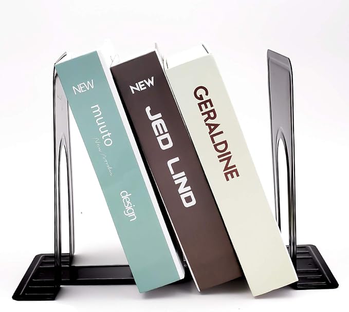 KINJOEK 4 Pairs/8 PCS Heavy Duty Bookends, 8.3x6.5x5.1 Inch Anti Slip Metal Book Ends for Books, Magazines, DVDs, Home, Office, School, Library, Black