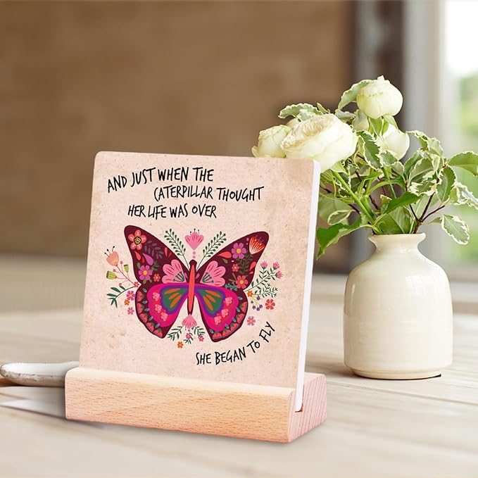 Inspirational Butterfly Gifts for Teen Girls Women Birthday Christmas-Encouragement Gift Cheer Up Gifts for Friends-Motivational Sign Ceramic Plaque-She Began To Fly Sign
