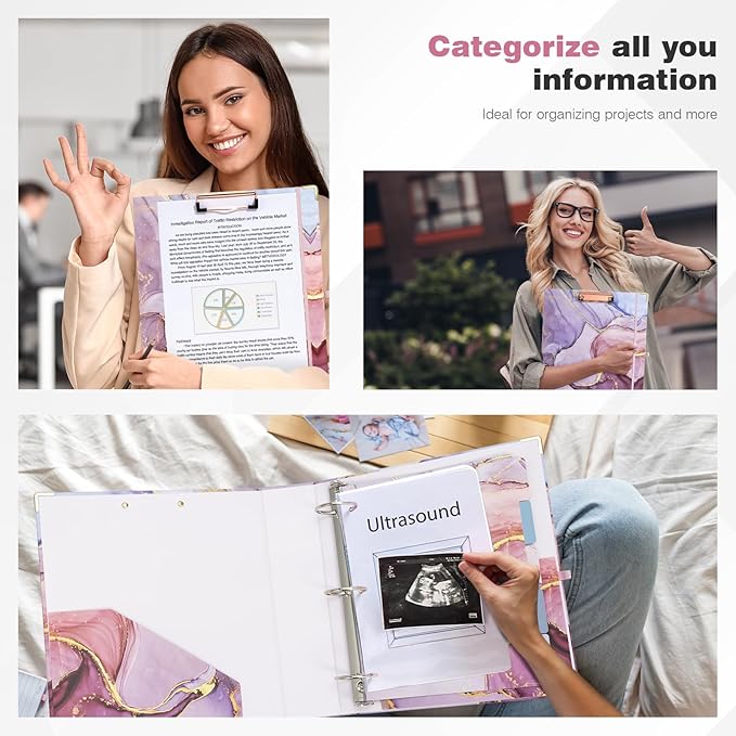 Ospelelf 3 Ring Binder, 2 Inch Letter Size (11" x 8.5") with 5 Tab Dividers, File Folder Labels and Low Profile Clipboards, Pink Marble Binder for School and Office Supplies