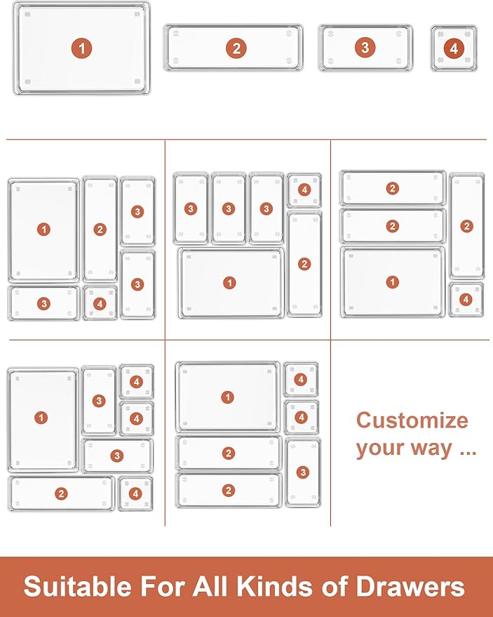 SMARTAKE 37-Piece Drawer Organizer with Non-Slip Silicone Pads, 4-Size Desk Drawer Organizer Trays Storage Tray for Makeup, Jewelries, Utensils in Bedroom Dresser, Office and Kitchen (Clear)