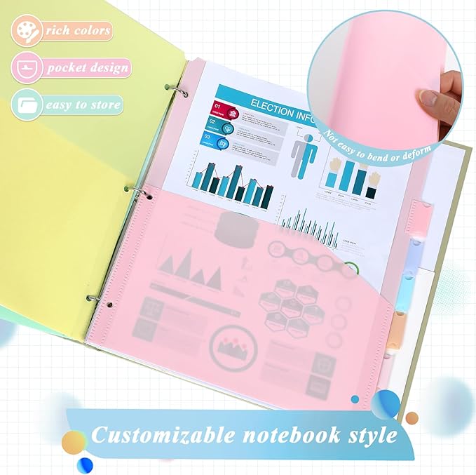 32 Pcs/4 Sets 8 Tab Binder Dividers with Pockets Plastic Tabs Dividers for 3 Ring Binder with Pockets Colorful Sturdy Subject Notebook Divider for Office School Home Business Organizer (Pastel)