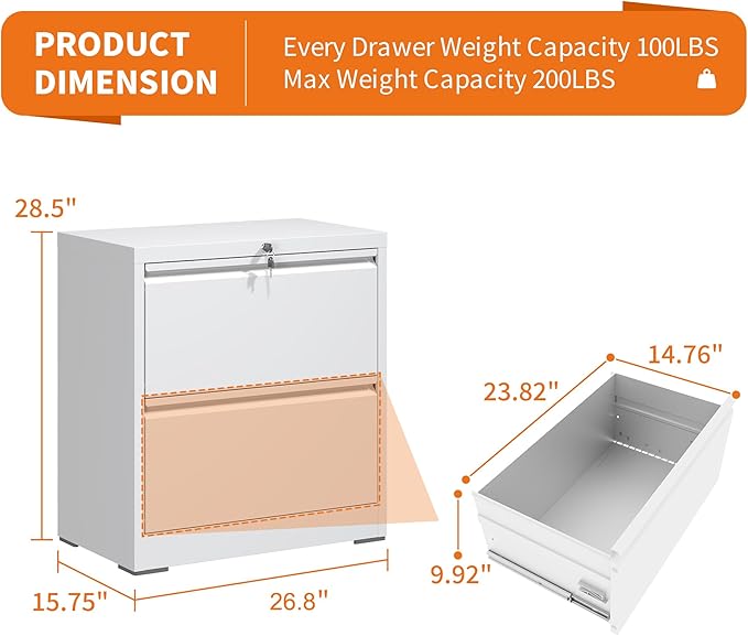 Locking Filing Cabinet with 2 Drawer Heavy Duty Large Metal Cabinets Home Office Lateral File Cabinets Wide Steel Cabinet for Legal/Letter Size File,Assembly Required