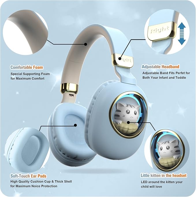 Girls Wired Headphones With Microphone - Blue Gaming Headset for Kids, School - Noise Cancelling, Over Ear, Wireless, Bluetooth Earbuds (Blue Gold)