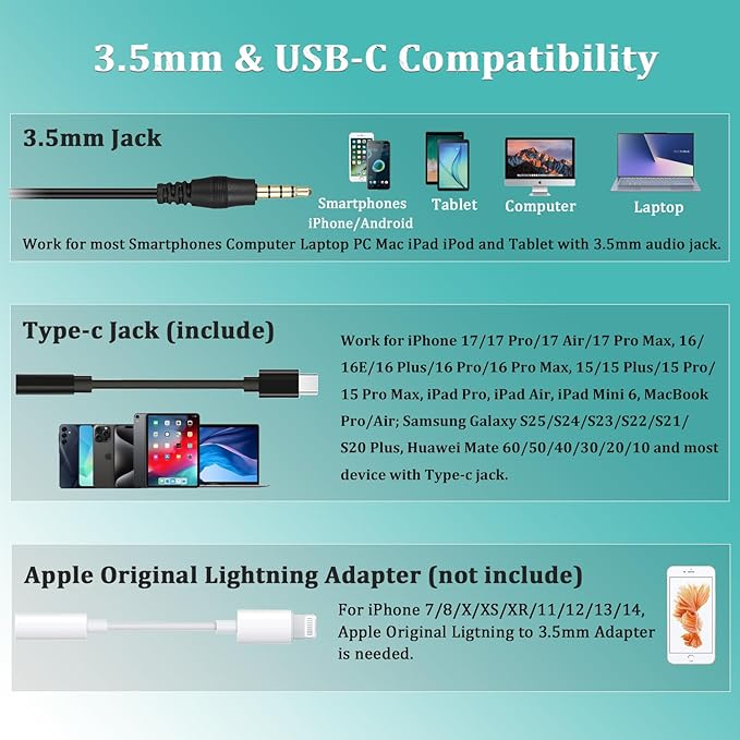 3.5mm Jack Cell Phone Headset with Microphone Noise Cancelling for PC Laptop, Wired Computer Headphones for iPhone Android Zoom Home Office Work School Classroom, in-line Control, Comfort-Fit