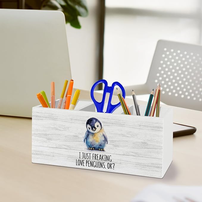 Penguin Gifts Pen Pencil Holder Organizer for Desk Accessories, I Just Freaking Love Penguins Okay Wooden Box Sign Desk Decor for Office Decoration, Cute Penguin Gifts for Women Men