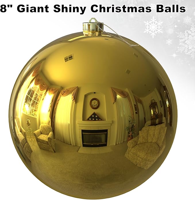 Gold 8.0" Extra Large Christmas Ornaments - Christmas Tree Decoration Balls Shatterproof Hanging Shiny Balls for Birthday Holiday Wedding Decorations Set of 2pcs