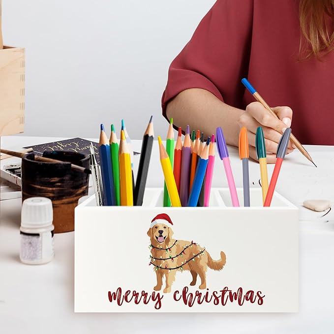 Golden Retriever Christmas Pen Pencil Holder Organizer for Desk, Merry Christmas Funny Xmas Santa Dog Wooden Box Signs Decorations for Home Office Desk Tabletop, Golden Retriever Lovers Gifts