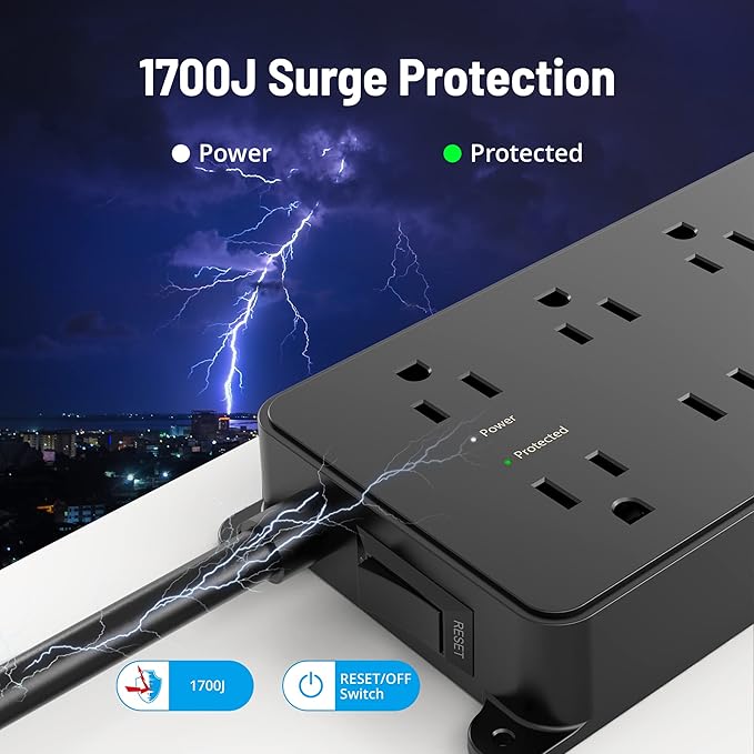TROND Power Strip Surge Protector, 7 Widely-Spaced Outlets, 2 USB-A & 1 USB-C, ETL Listed, Flat Plug 5ft Extension Cord, Wall Mountable, 1700J, 14AWG Heavy Duty, for Home Office Garage, Black