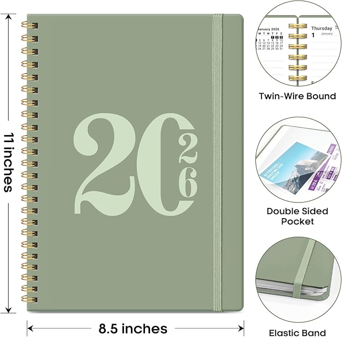 2026 Planner, Weekly and Monthly Calender Planner, Jan 2026 to Dec 2026, Hardcover 2026 Calendar Planner Book with Tabs & Inner Pocket, Office Home School Supplies for Women & Men - A4 (8.5" x 11"), Green