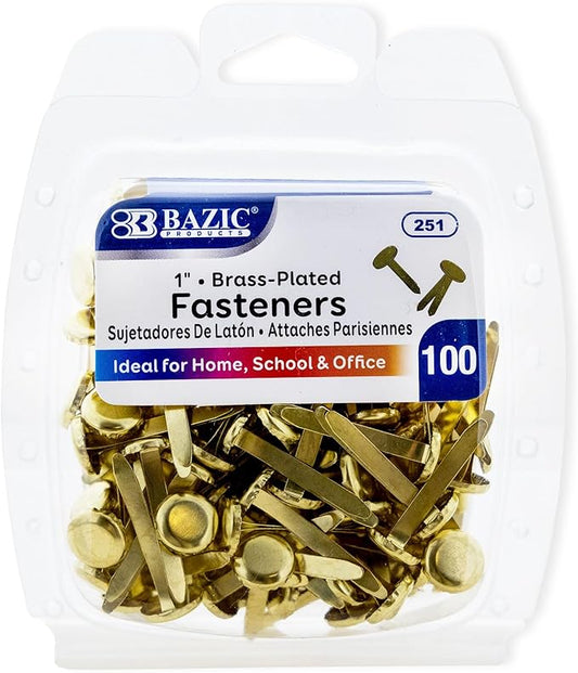 BAZIC Products Brass Plated Fasteners 1 Inch, Round Head Paper Fastener Brads for Office School Organization Scrapbooking Art and Crafts (100/Pack), 24-Pack
