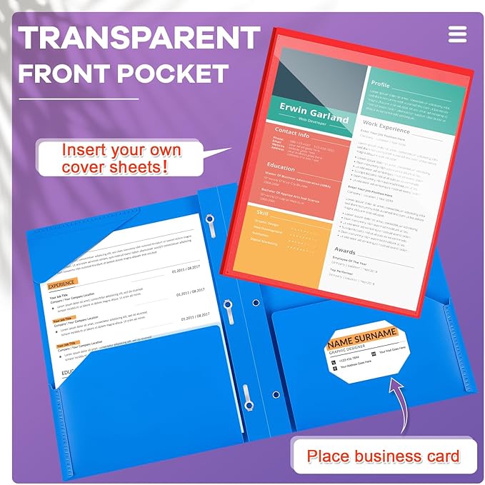 Henoyso 48 Pcs Plastic Folder with Clear Front Pocket and 3 Prongs Heavy Duty Plastic Folders with Card Slot Pocket Folders with Prongs for School Office Home(Multicolor)