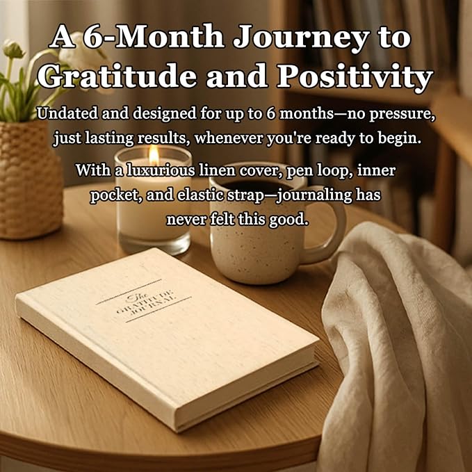 The Gratitude Journal 2025: 5 Minute Gratitude Practice to Inspire Thankfulness, Mindfulness, Positivity, Happiness, Upgraded with Pen Holder, Inner Pocket & Elastic Closure Band (Beige)