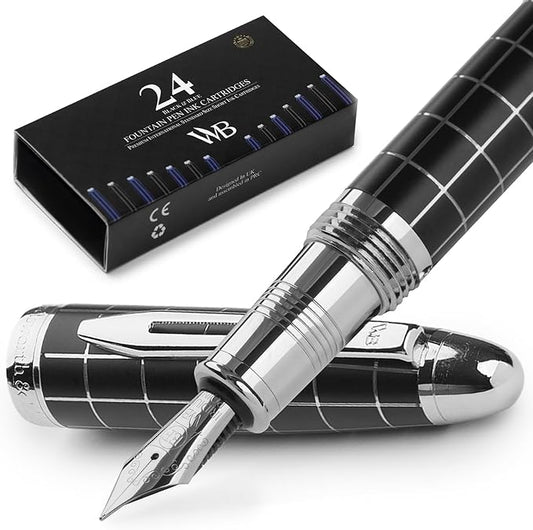 Wordsworth & Black Majesti Fountain Pen-(Checked), Luxury Case, Chrome Finish; Extra Fine Nib- Ink Cartridges, Refillable Ink Converter-Calligraphy Pen-Best Business Gift Set for Men & Women