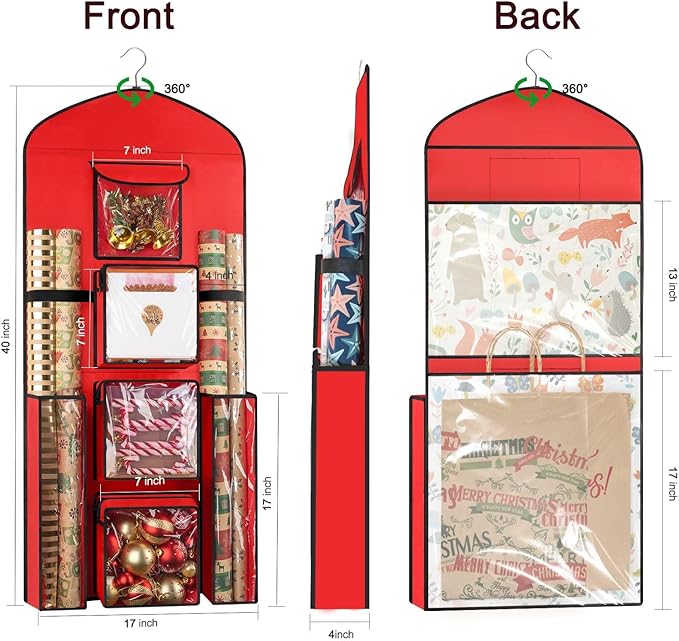 Hanging Gift Wrapping Paper Storage, 40"X17" Red Double-Sided Christmas Wrapper Bag Container, Oxford Craft Roll Organizer, Present Wrap Holder for Bedroom Closet, Door, Cabinet