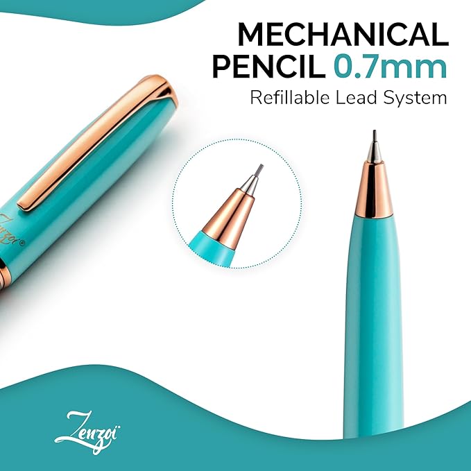ZenZoi Turquoise Mechanical Pencil w/Schmidt 0.7 mm Twist Lead System. Elegant Full Metal Pencil for Sketching, Drawing, Drafting, Writing & Note Taking. Luxury Gift Box for Men or Women