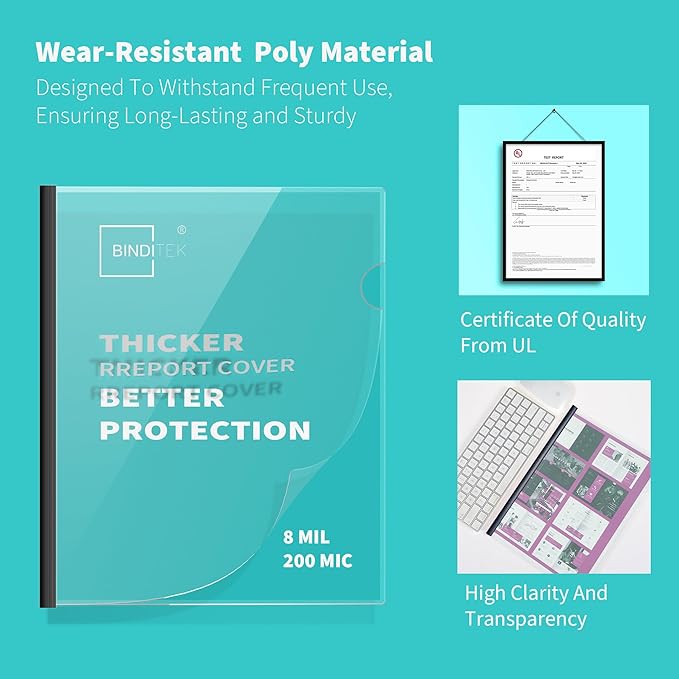 Binditek 40 Pack Heavyduty Clear Report Covers with Sliding Bars, 110 Sheet Capacity, Letter Size, 15mm Sliding Bar File Folder Binder, 8 Mil Thick, Black, for Students and Coworkers