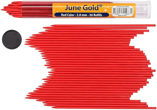 June Gold 36 Red (Cherry #101) Colored 2.0 mm Lead Refills, Bold Thickness for Heavy Use, Break Resistant with a Convenient Dispenser