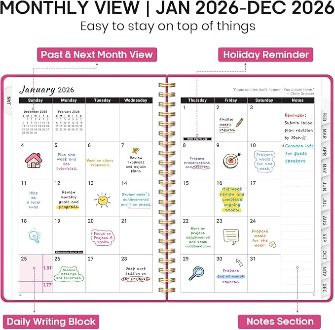 2026 Planner 8.5" x 11", Weekly and Monthly Calendar Planner Book, January 2026 - December 2026, Hardcover Spiral Planner with Monthly Tabs, Notes Pages, Perfect for Women & Men, A4 - Hot Pink