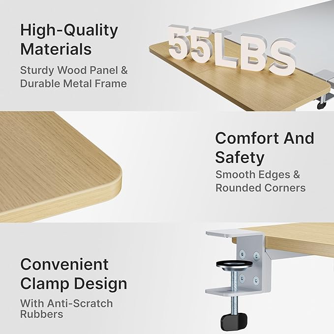 Desk Extender Tray, 24" x 12" Clamp On Desk Shelf, Desk Extension with Storage Drawer, Table Desk Arm Rest, Clamp On Keyboard Tray for Office and Home, Workstation Organizer, Medium, Wood