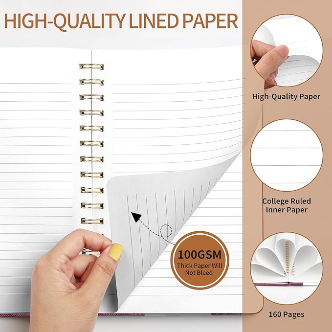 A5 Spiral Notebook – Hardcover Journal 160 Lined Pages 100 GSM Thick Paper With Elastic Band & Pen Holder College Ruled Writing Notebooks for Work School Travel Pink