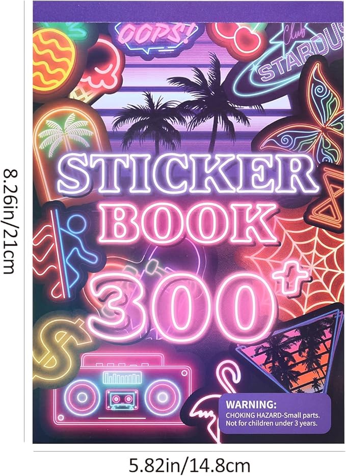 300+ Pieces Cool Neon Stickers Book for Laptop Phone Case Guitar Skateboard Helmet Bike Car Decals Scrapbooking Journaling Notesbook Luggage Water Bottles, Prizes Gift for Kids Teens Classroom Reward