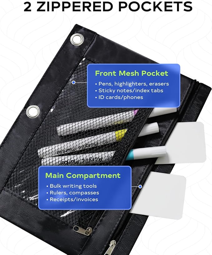 3 Ring Binder Pencil Pouch - School Pencil Case with 2 Zippered Pockets, Clear Mesh Window Pencil Bag, B5 Size, Back to School Gifts (Black)