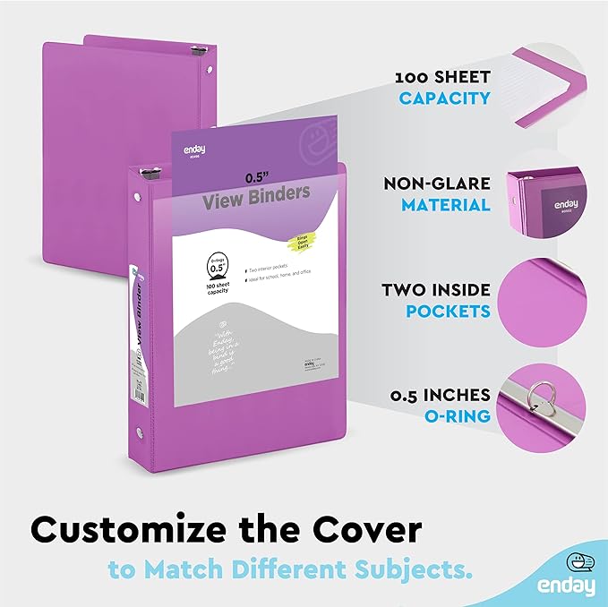 ½ Inch 3 Ring Binder Purple, .5 Inch Round Ring Clear View Cover with 2 Inside Pockets Binders, Colored School Supplies Binders, Also Available in Pink, Red, Green, Blue, and Grey (6 PC) – by Enday