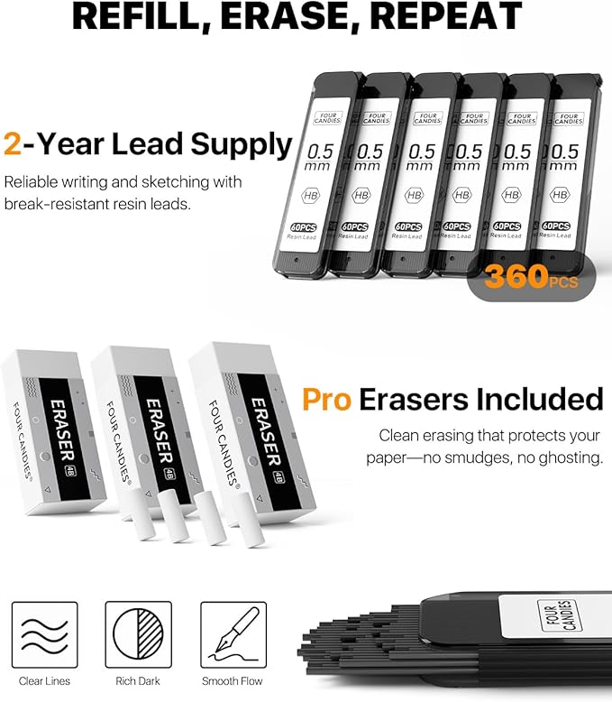 Four Candies Metal Mechanical Pencil Set - 3PCS 0.5mm Art Mechanical Pencils & 360PCS HB Lead Refills & 3PCS Erasers & 9PCS Eraser Refills, Drawing Mechanical Pencils for Writing, Sketching -With Case