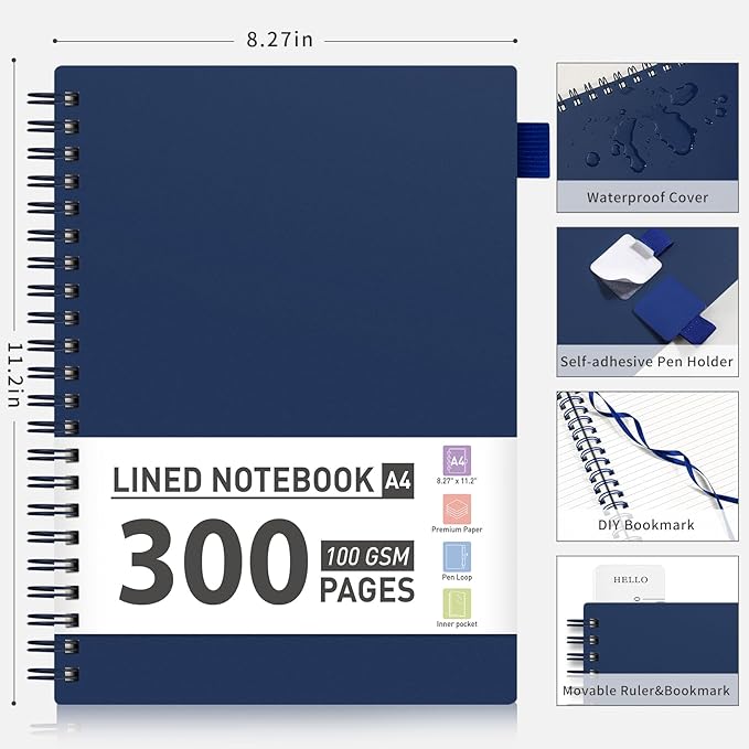 AHGXG Spiral Notebook College Ruled - Spiral Journal Notebook 8.5" x 11" Large A4, 300 Pages Lined Journal, 100GSM Thick Paper, Plastic Hardcover, for Women Men Office School Writing Work, Bule