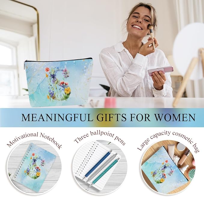 Personalized Gifts for Women Monogrammed Birthday Gifts for Women, Wife Girlfriend Christmas, Initial 20 oz Tumbler, Makeup Cosmetic Bag Cup Pens Journal Notebook 6 Set, (Aesthetic Blue Flower S)